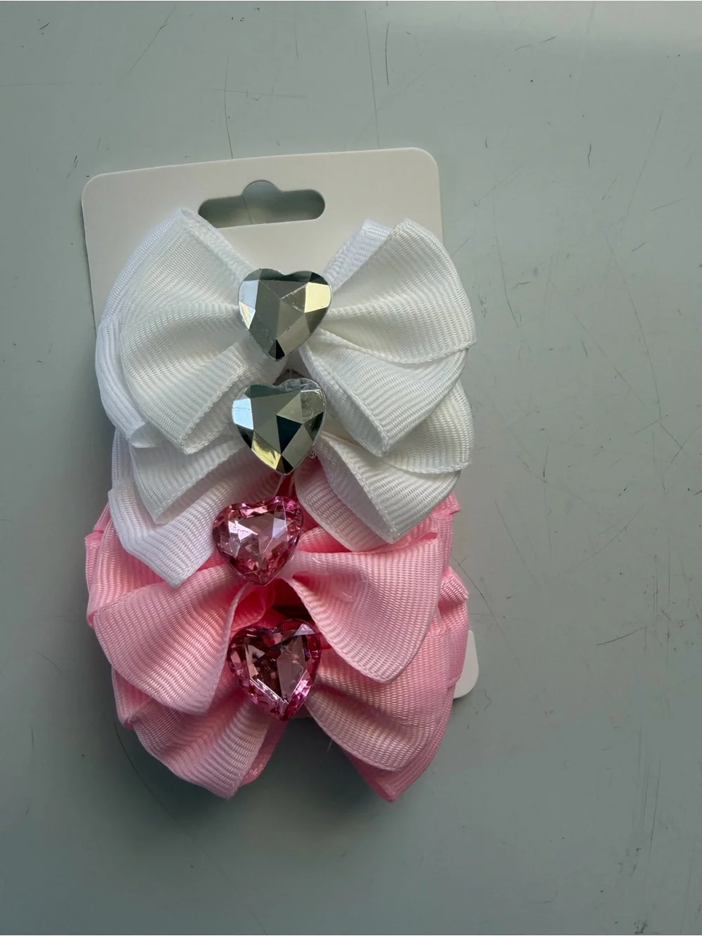 Girls Jewel Heart Bow Clips — White & Pink Set